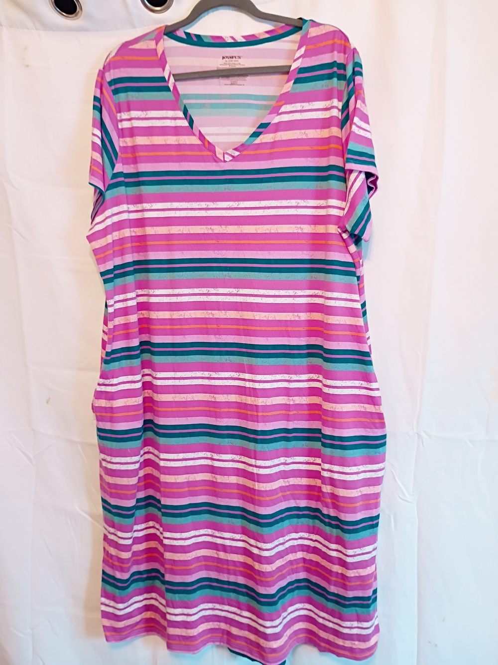 Joyspun Size 3x 22w-24w With Pink And Teal Stripes V-Neck Midi Dress/Nighty - Picture 8 of 9